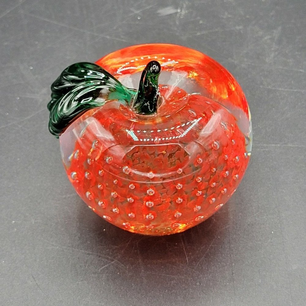 Vintage Art Glass Red Apple Paperweight Leox Controlled Bubbles Handblown 2.5" H
